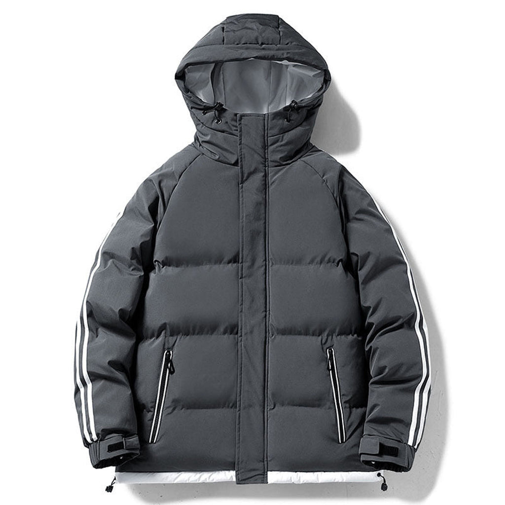 Men's dark grey hooded puffer jacket with contrast stripes