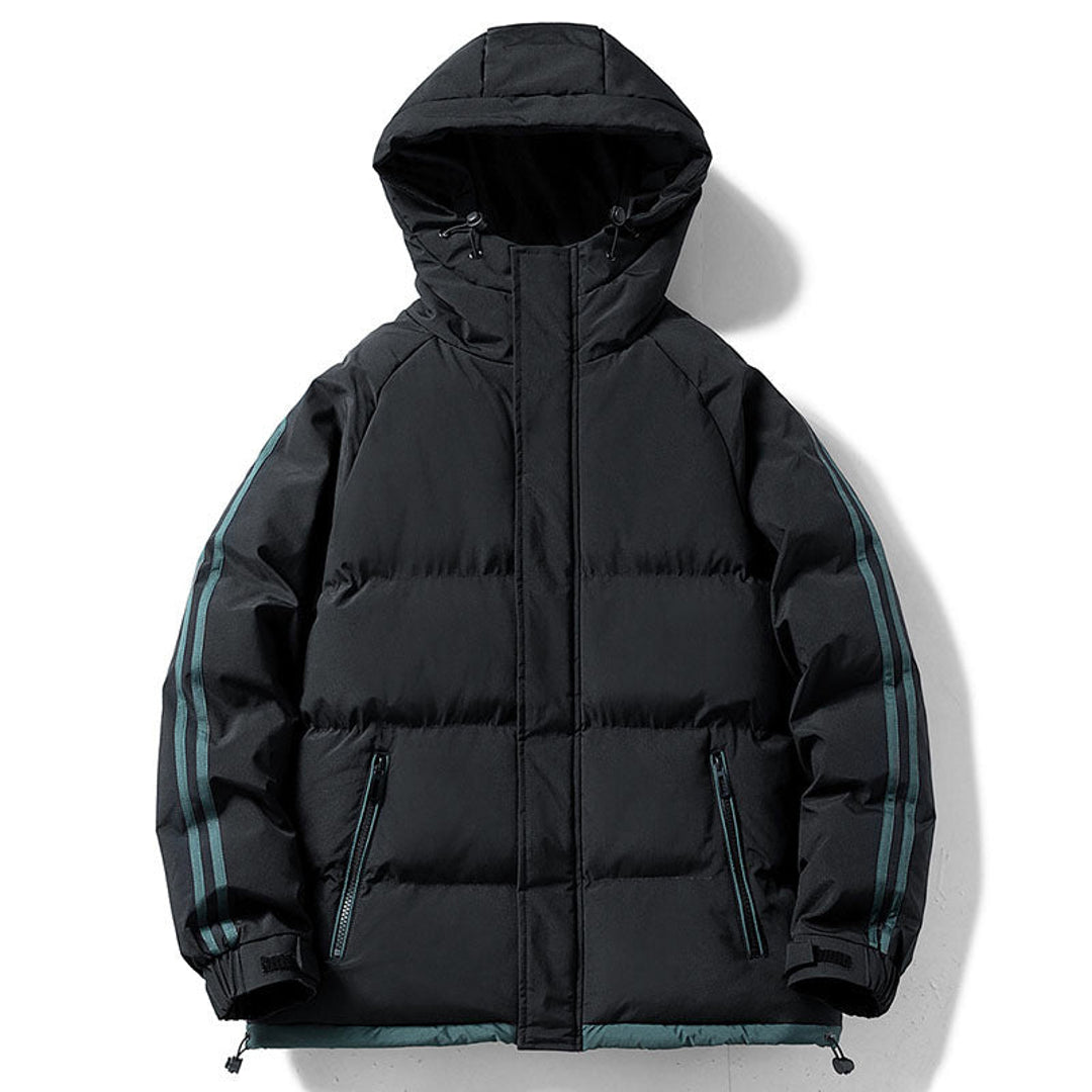 Men's black hooded puffer jacket with sleeve stripes