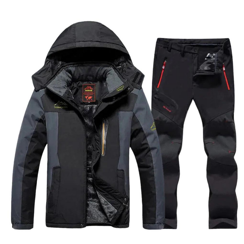 Men's hooded ski jacket and trousers set in black