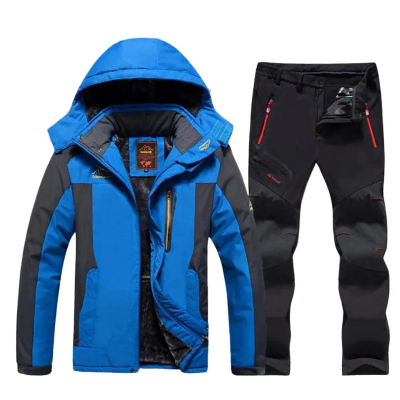Men's hooded ski jacket and trousers set in blue