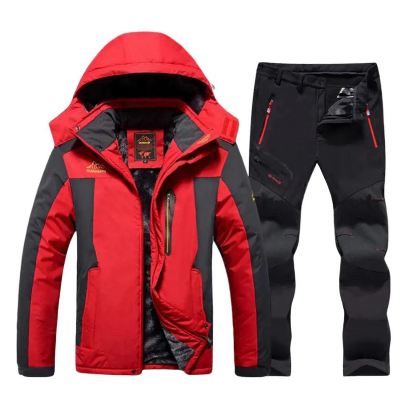 Men's hooded ski jacket and trousers set in red