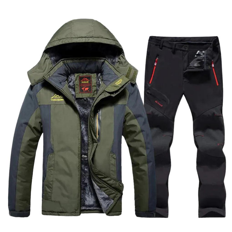 Men's hooded ski jacket and trousers set in green