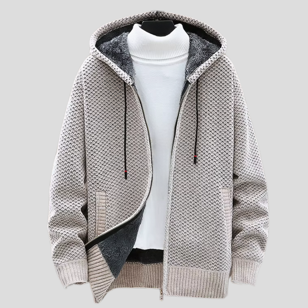 Men's hooded zip-up knit cardigan in beige – front view