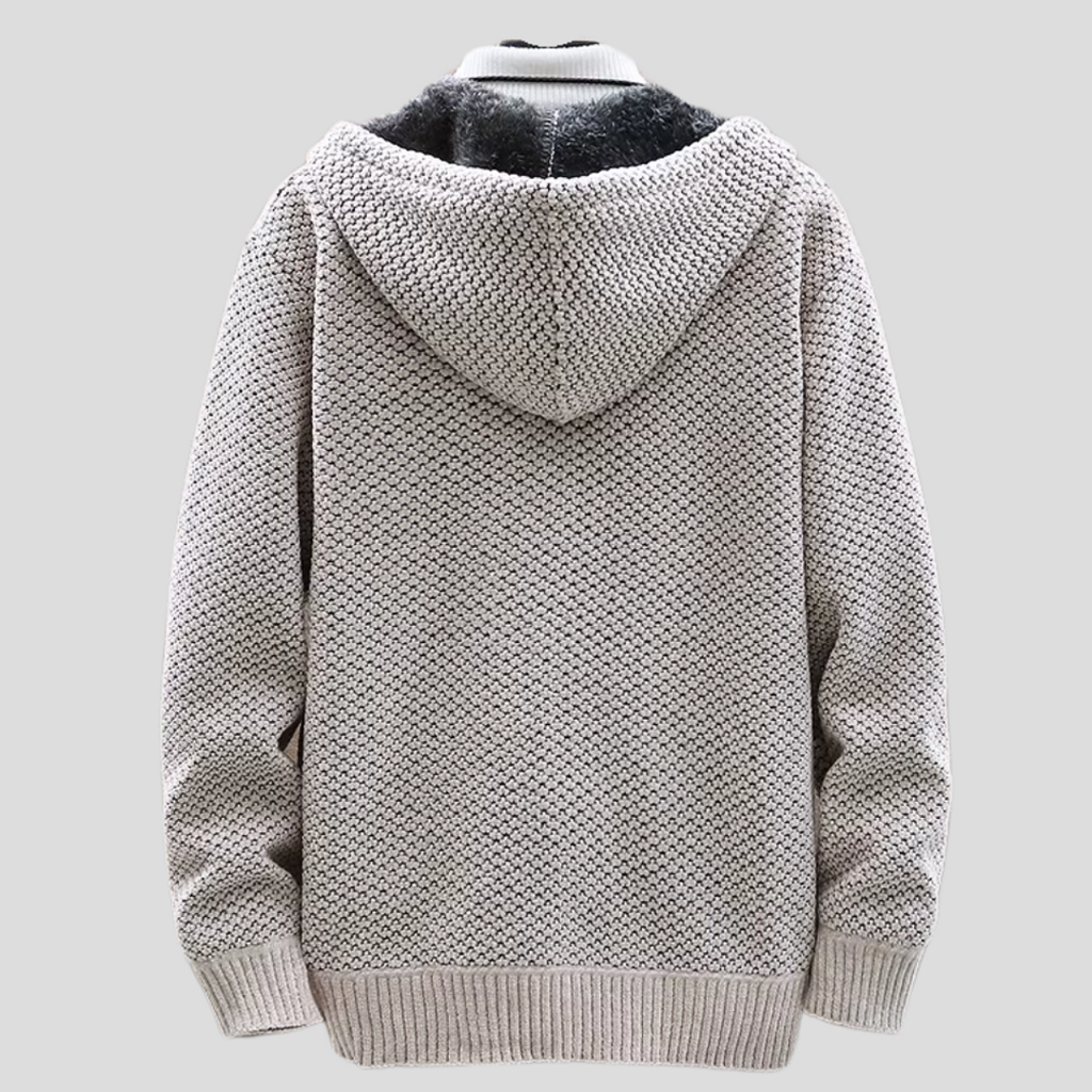 Men's beige hooded knit cardigan – back view
