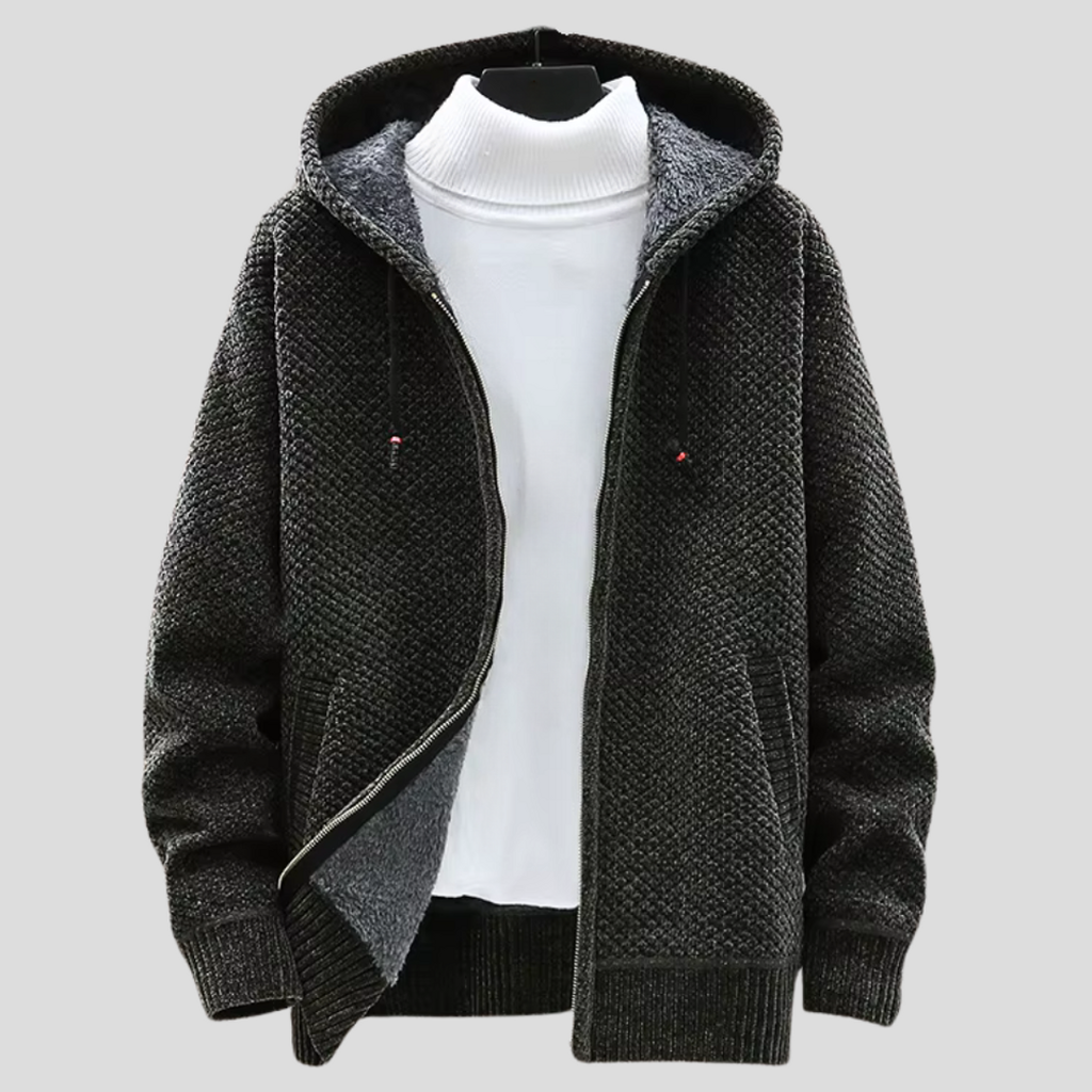 Men's hooded zip-up knit cardigan in dark green – front view
