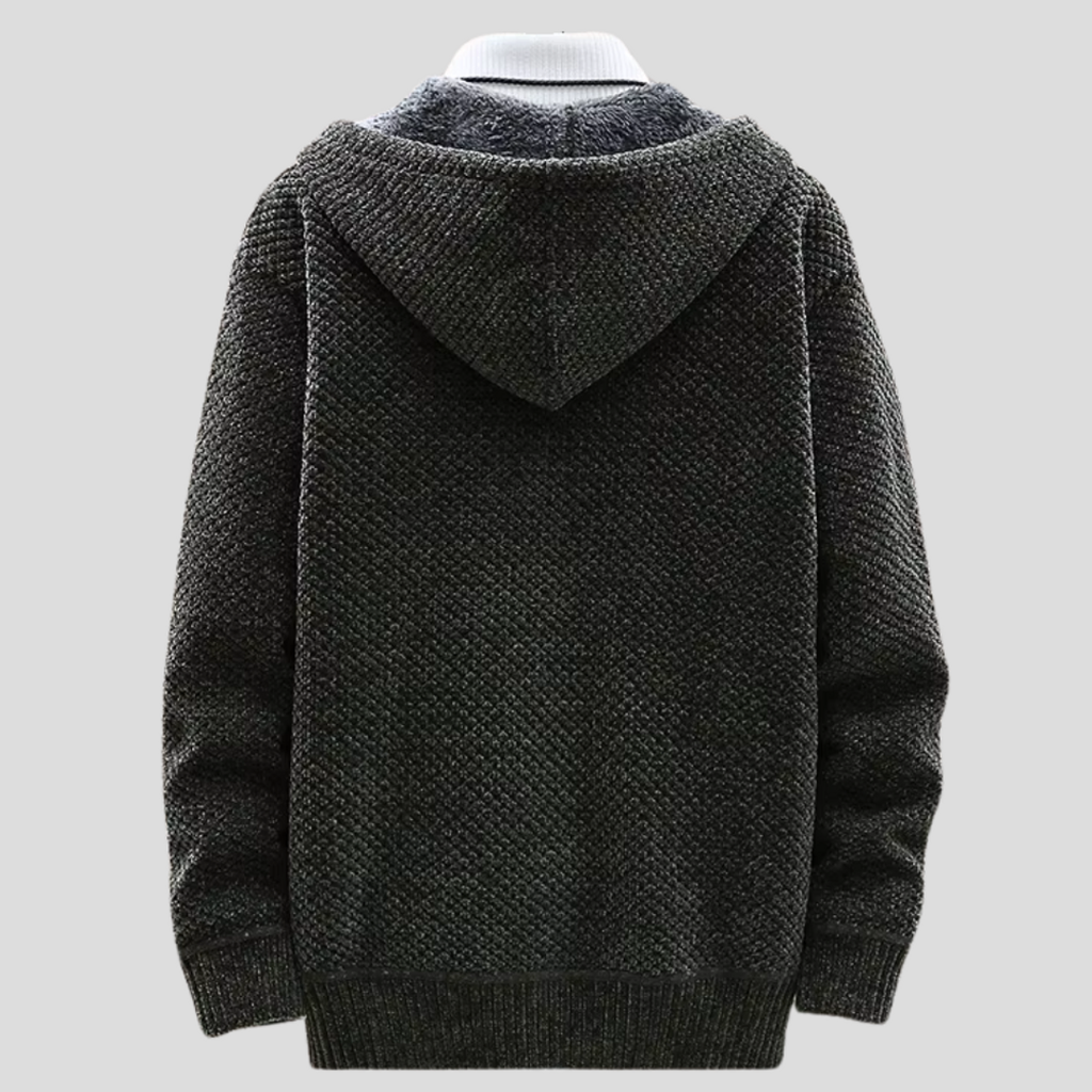 Men's dark green hooded knit cardigan – back view