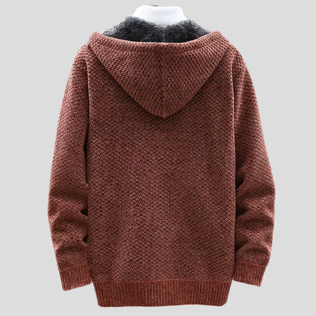 Men's rust brown hooded knit cardigan – back view