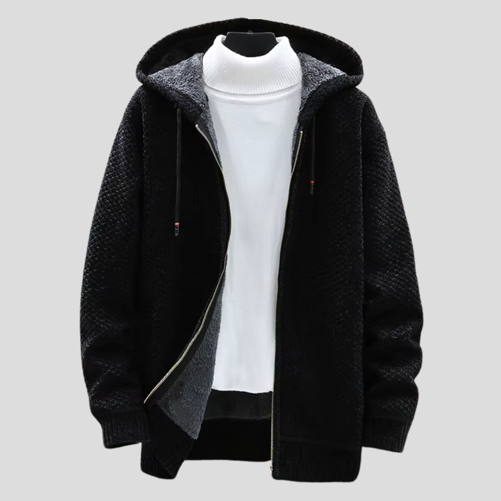 Men's hooded zip-up knit cardigan in black – front view