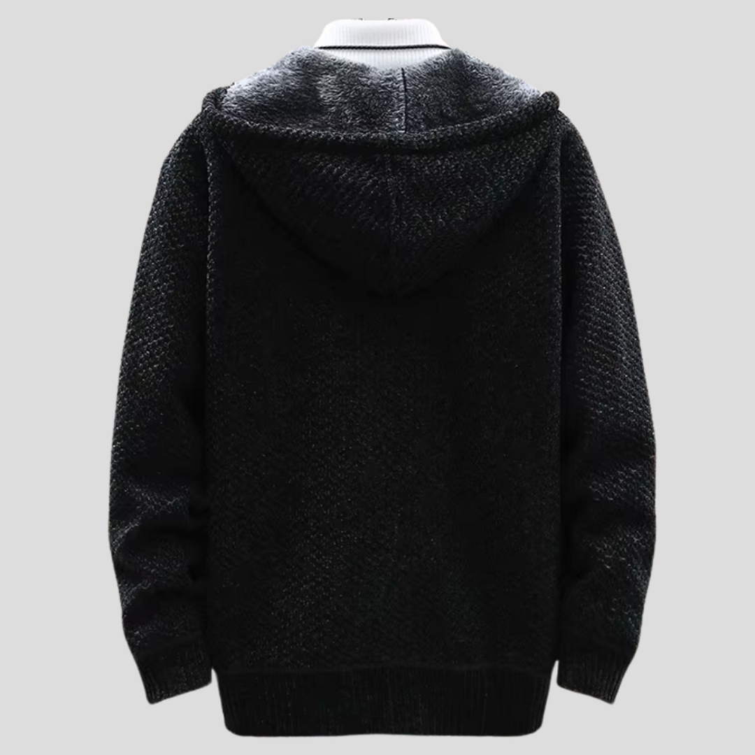 Men's black hooded knit cardigan – back view