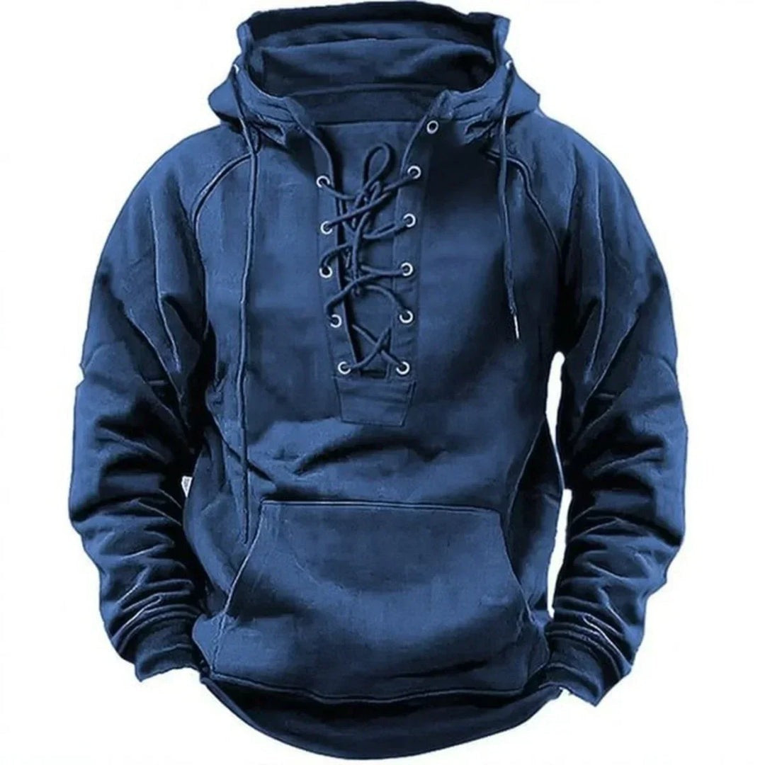 Men's lace-up hoodie with kangaroo pocket in blue