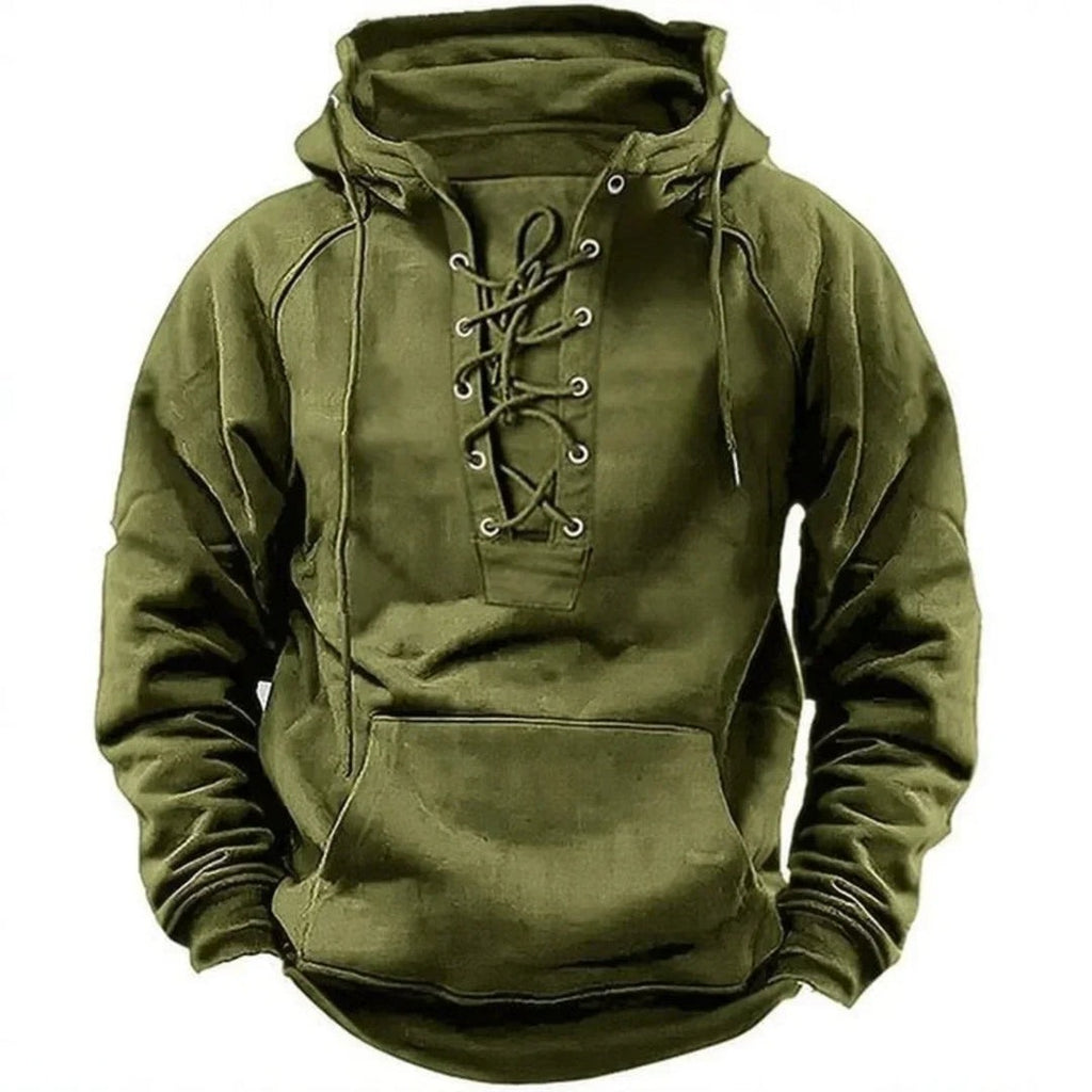 Men's lace-up hoodie with kangaroo pocket in olive green