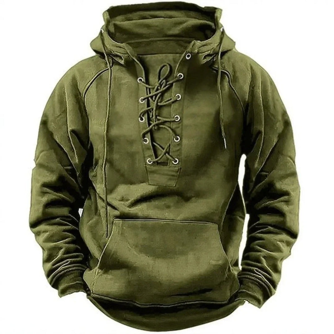 Men's lace-up hoodie with kangaroo pocket in olive green