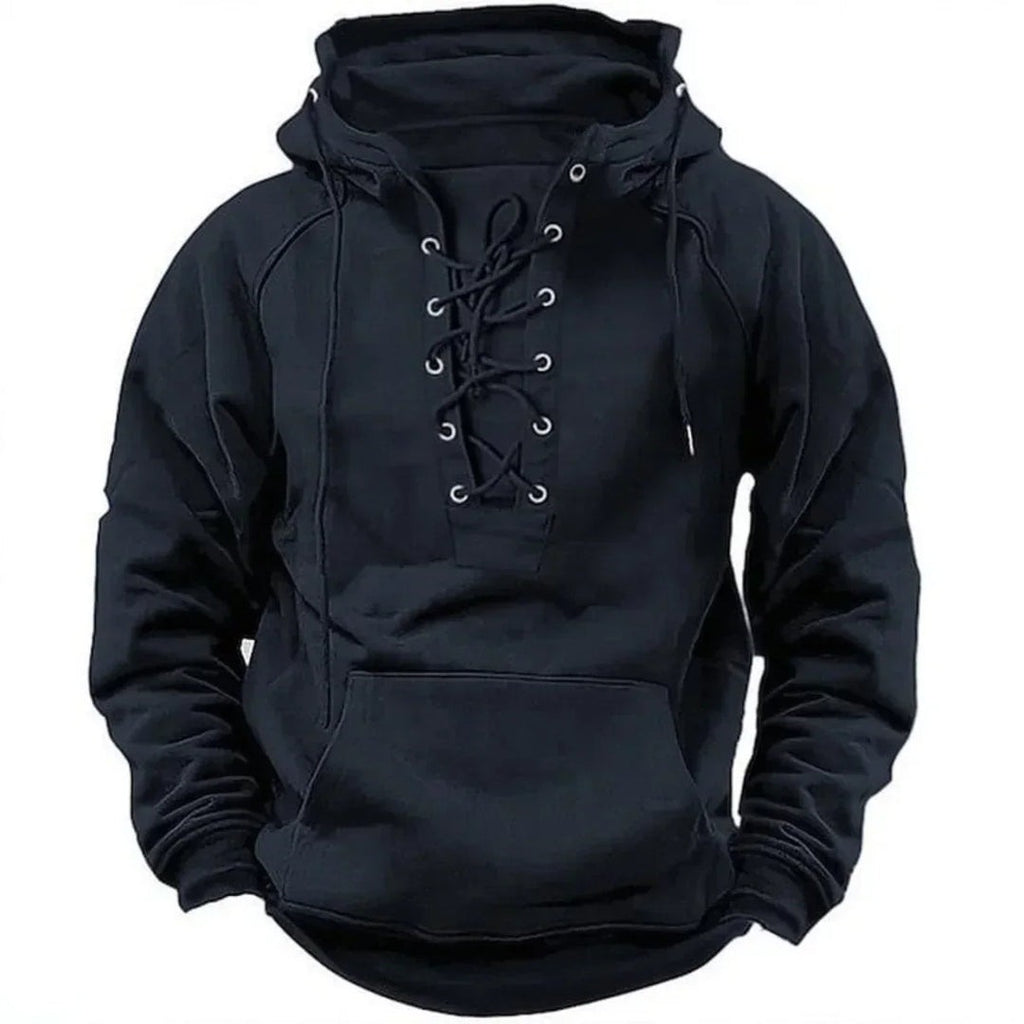 Men's lace-up hoodie with kangaroo pocket in navy blue