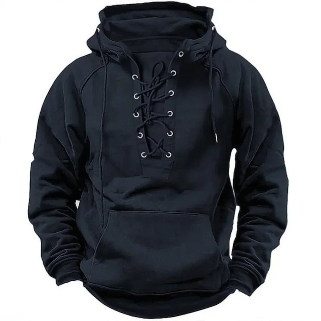 Men's lace-up hoodie with kangaroo pocket in navy blue