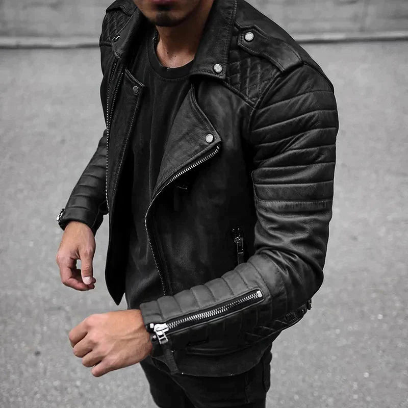 Men's Leather-Look Biker Jacket with Asymmetric Zip for City Nights