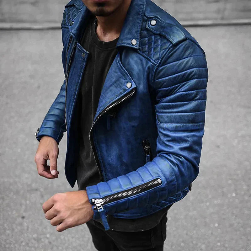 Men's leather-look biker jacket in blue
