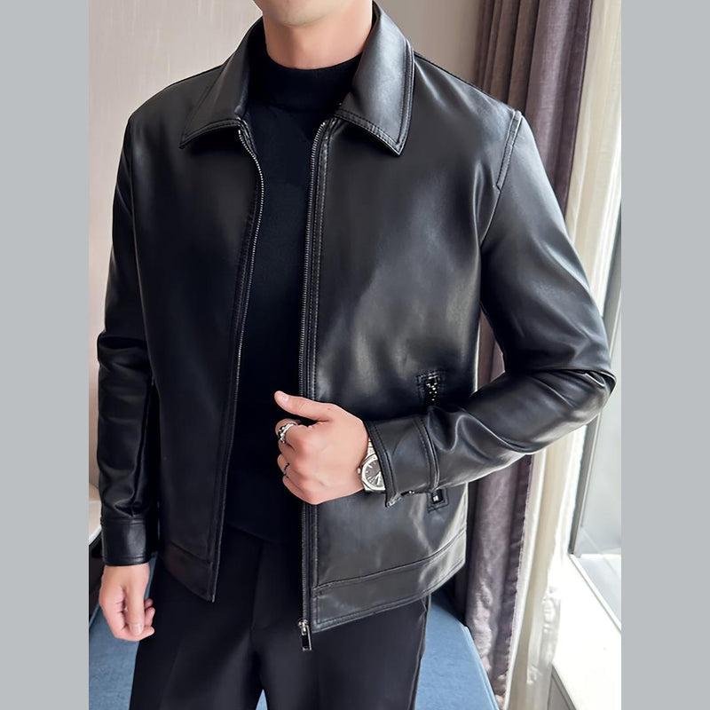 Men's Leather-Look Zip Jacket with Point Collar for City Days