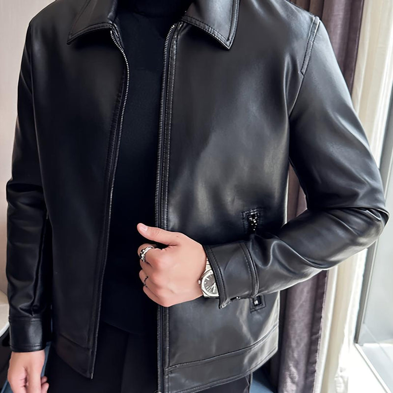 Man wearing the black leather-look zip jacket open