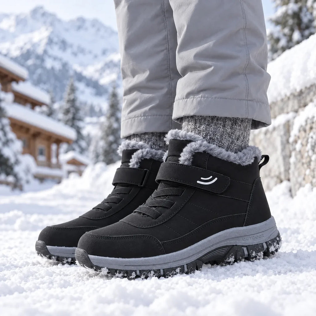 Men's black winter boots worn in the snow