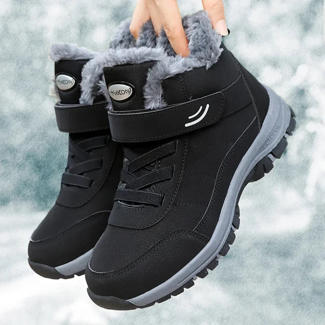 Man holding a black winter boot by the collar