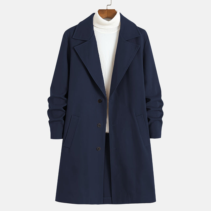 Men's navy blue long overcoat – front view