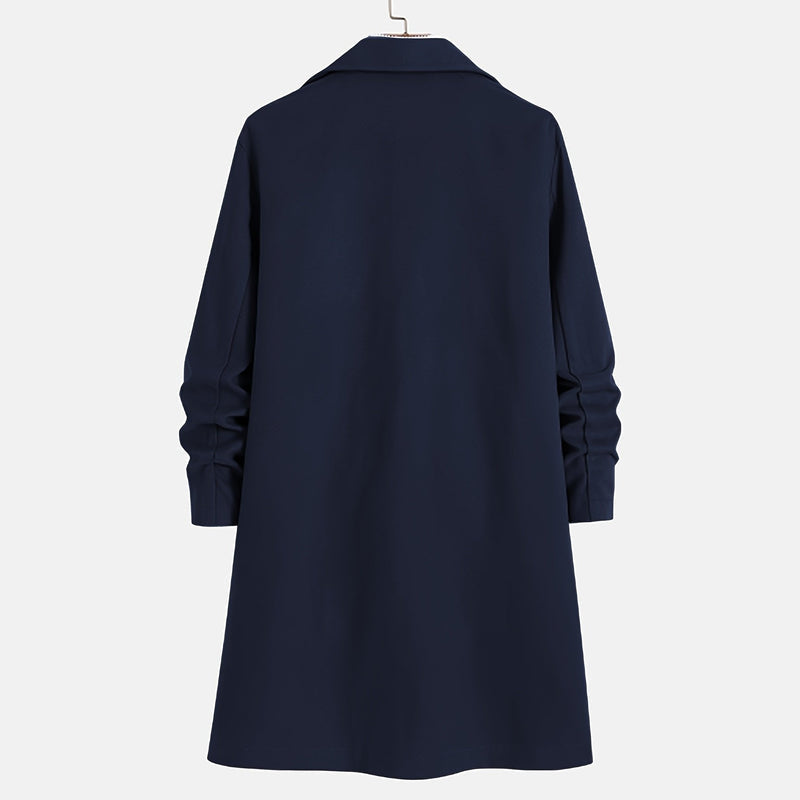 Men's navy blue long overcoat – back view