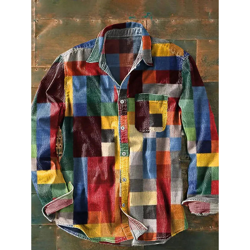Men's Long Sleeve Patchwork Shirt for Casual Weekends