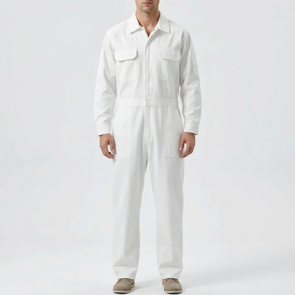 Men's white utility jumpsuit – front view