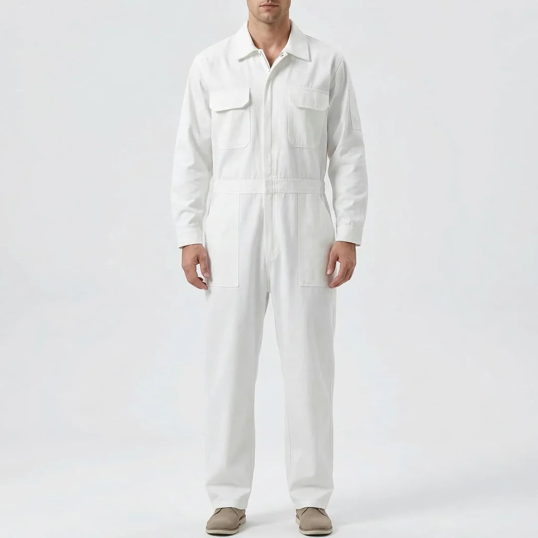 Men's white utility jumpsuit – front view