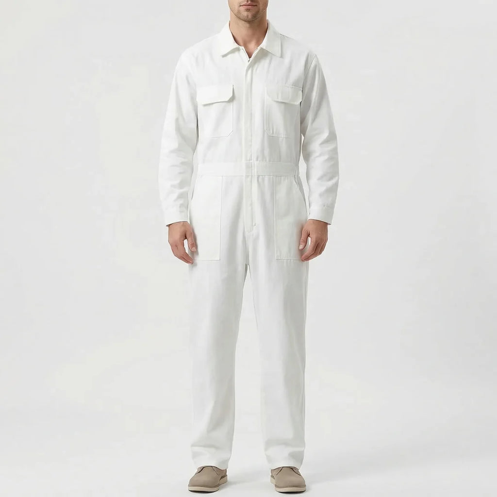 Men's white jumpsuit with chest pockets – full length
