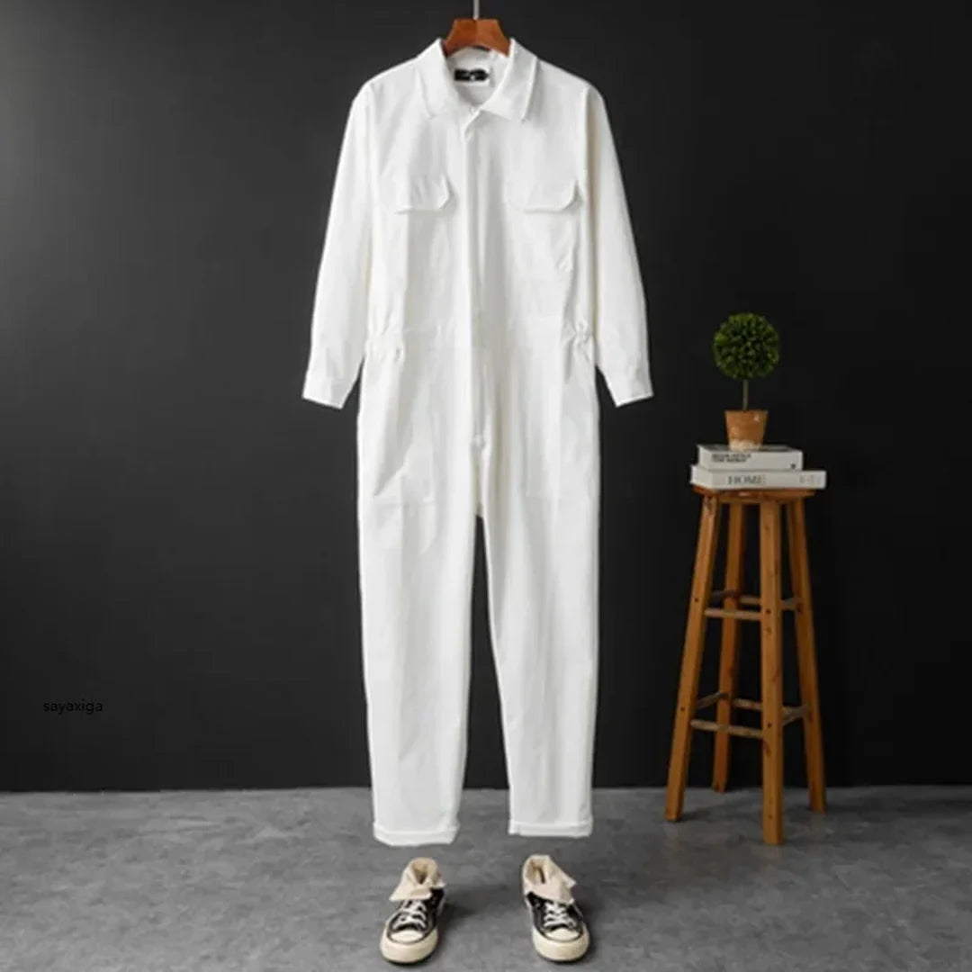 Men's white utility jumpsuit on a hanger – front view