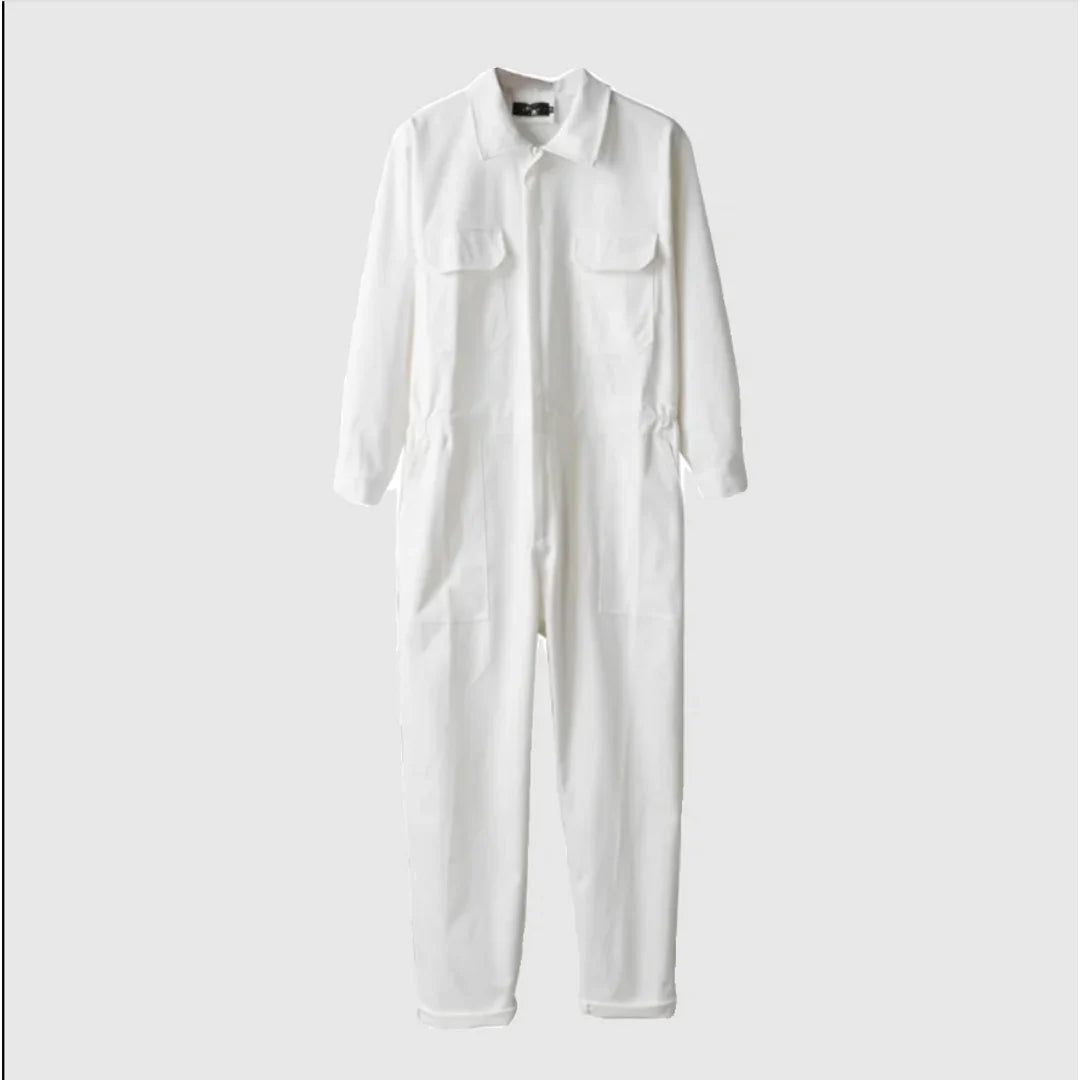 Men's white long sleeve jumpsuit laid flat