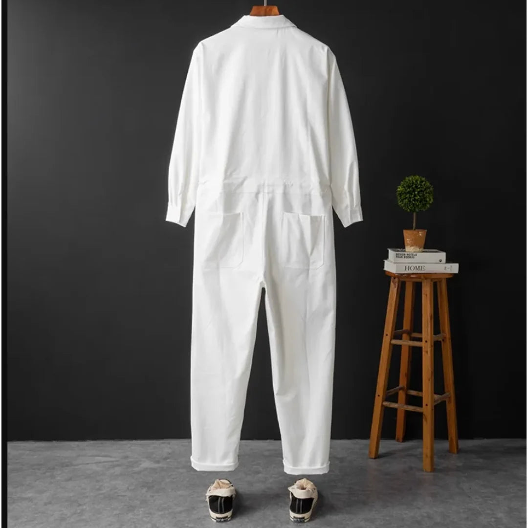 Men's white utility jumpsuit on a hanger – back view