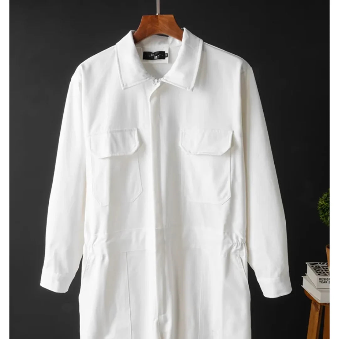 Men's white jumpsuit upper body with flap pockets