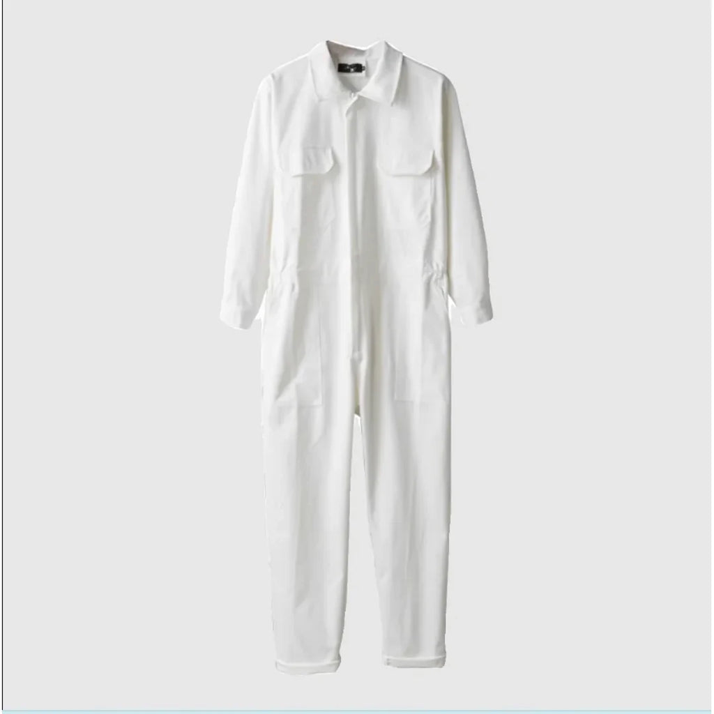 Men's white utility jumpsuit – full length flat view