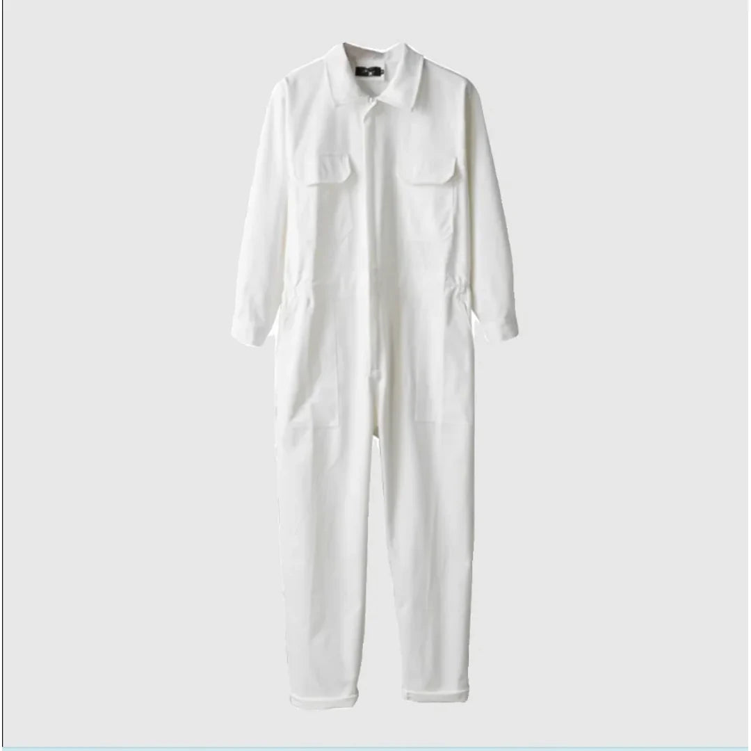 Men's white utility jumpsuit – full length flat view