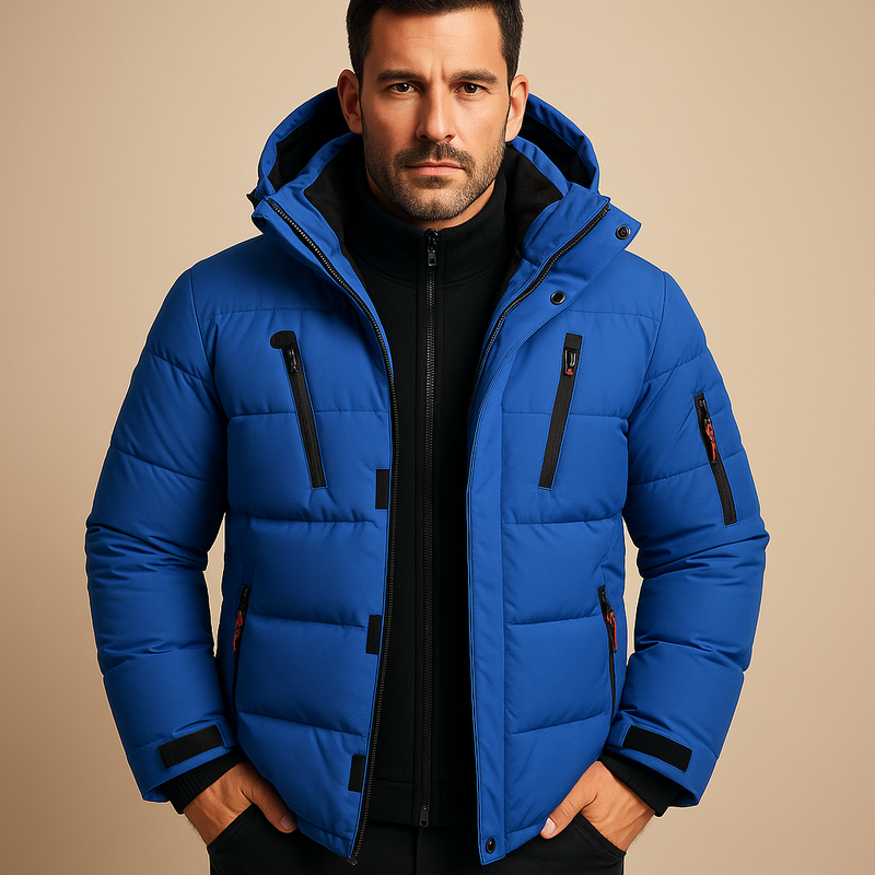 Men's padded winter jacket with stand collar in blue