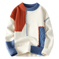 Men's patchwork cable knit sweater in cream, blue and orange