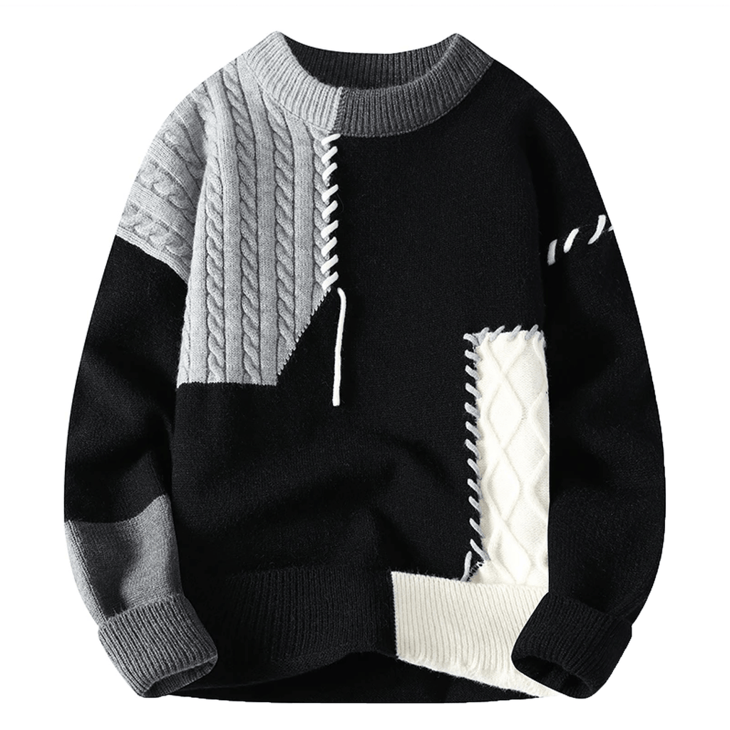 Men's black and grey patchwork cable knit sweater