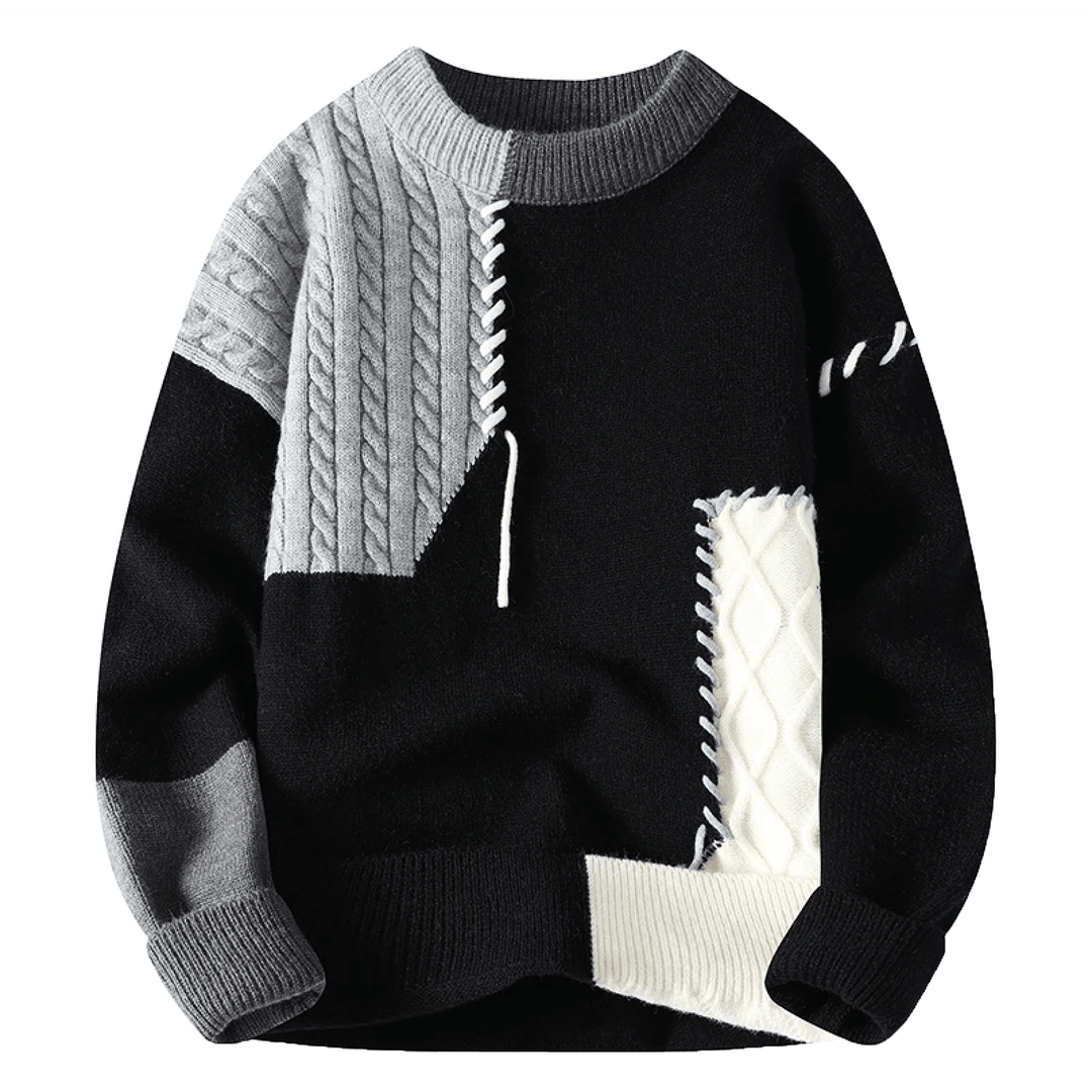 Men's black and grey patchwork cable knit sweater