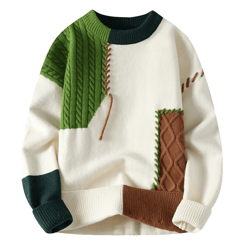 Men's green and cream patchwork cable knit sweater