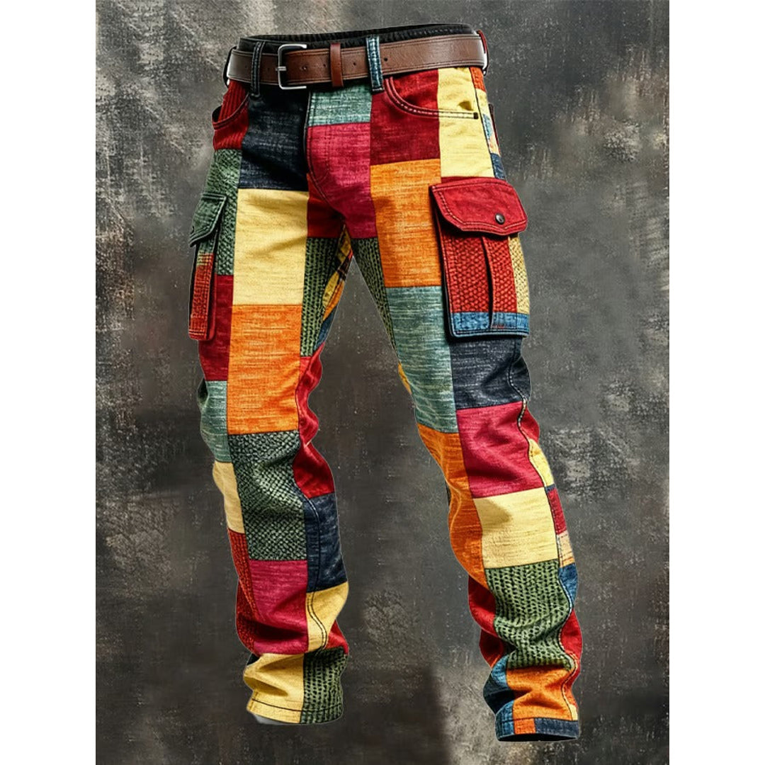 Men's multicolour patchwork cargo trousers with flap pockets