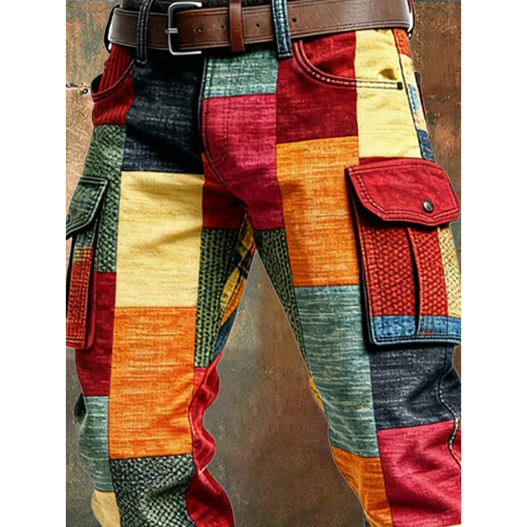 Close-up of the flap cargo pocket on the patchwork trousers