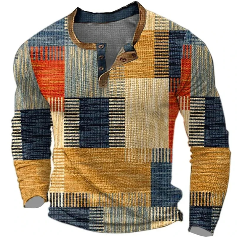 Men's patchwork check henley shirt in brown