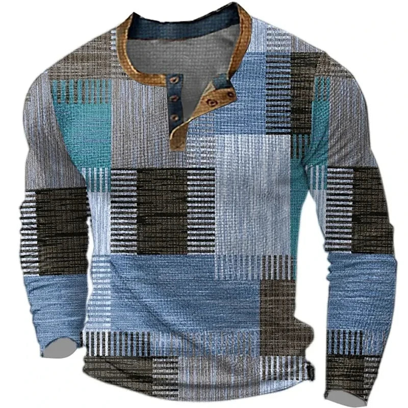 Men's patchwork check henley shirt in blue