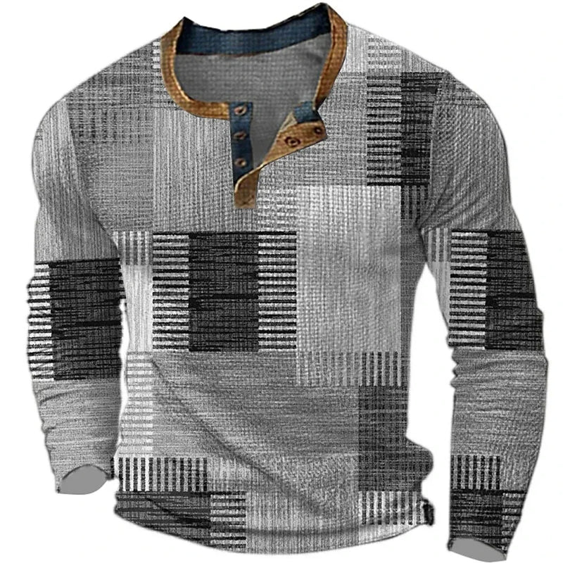 Men's patchwork check henley shirt in grey