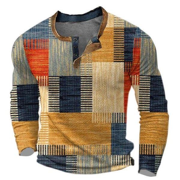 Men's patchwork print henley shirt in orange patchwork