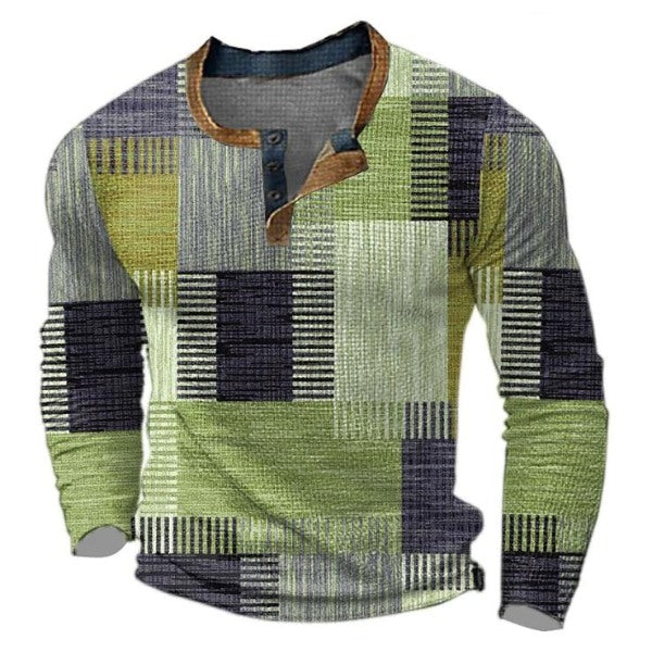 Men's patchwork print henley shirt in green patchwork