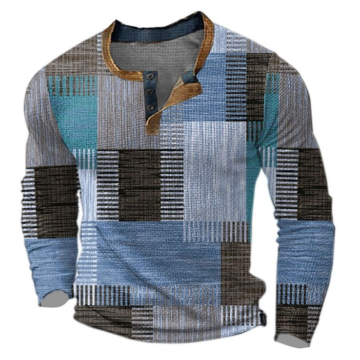 Men's patchwork print henley shirt in blue patchwork