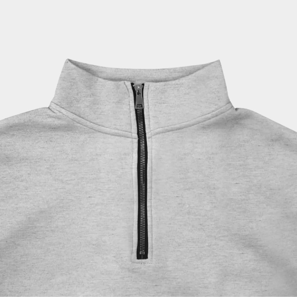 Men's plain half-zip sweatshirt in light grey, collar detail